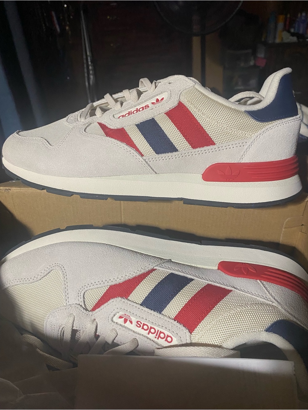 adidas Kids Classic Runner Sneakers in White with Red & Navy